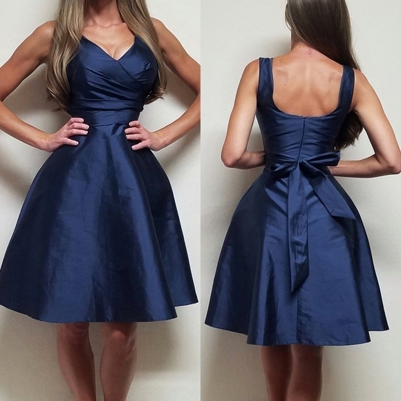 Alfred Sung Midnight Peau De Soie Pleated Side Pocket V-neck Wrap Cocktail Dress - Picture 1 of 16